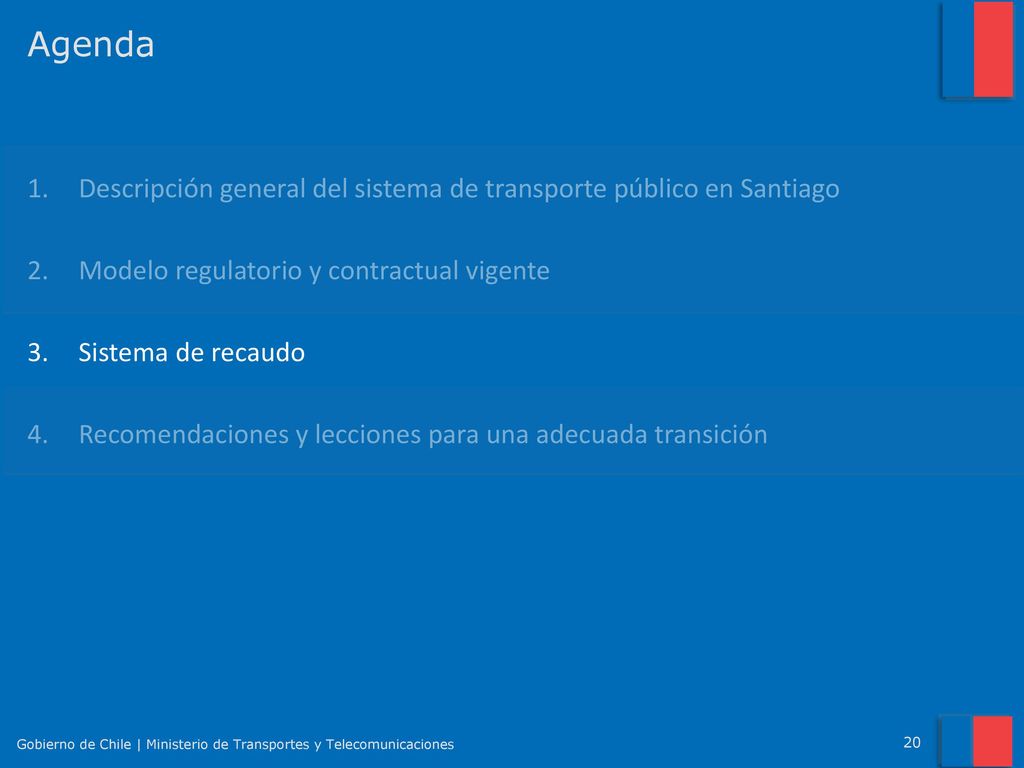 Agenda Descripción general del sistema de transporte público en Santiago. Modelo regulatorio y contractual vigente.