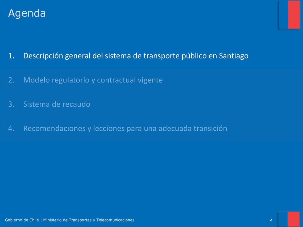 Agenda Descripción general del sistema de transporte público en Santiago. Modelo regulatorio y contractual vigente.