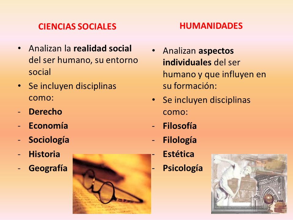 HUMANIDADES CIENCIAS SOCIALES. Analizan la realidad social del ser humano, su entorno social. Se incluyen disciplinas como: