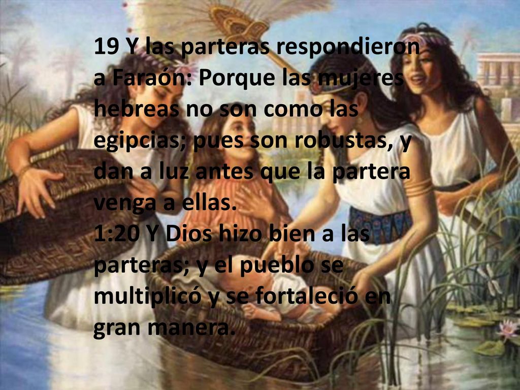 19 Y las parteras respondieron a Faraón: Porque las mujeres hebreas no son como las egipcias; pues son robustas, y dan a luz antes que la partera venga a ellas. 1:20 Y Dios hizo bien a las parteras; y el pueblo se multiplicó y se fortaleció en gran manera.