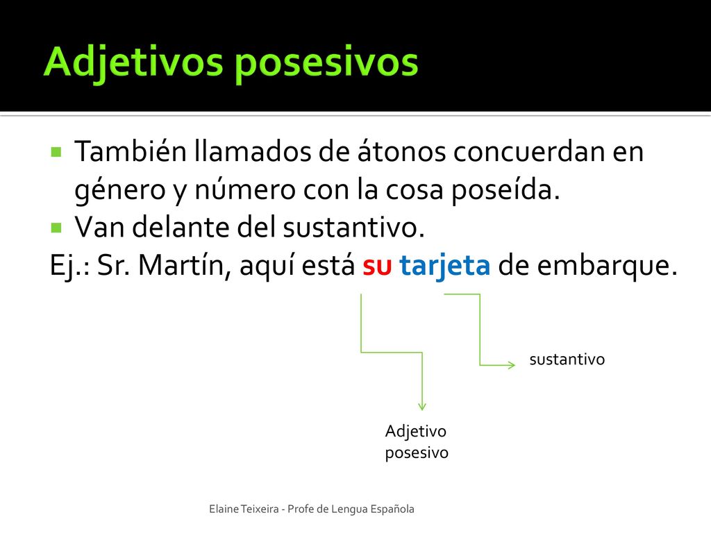 Adjetivos posesivos También llamados de átonos concuerdan en género y número con la cosa poseída. Van delante del sustantivo.
