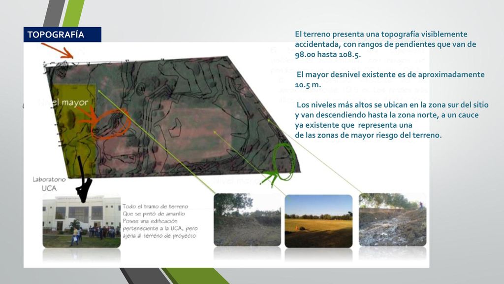 TOPOGRAFÍA El terreno presenta una topografía visiblemente accidentada, con rangos de pendientes que van de hasta