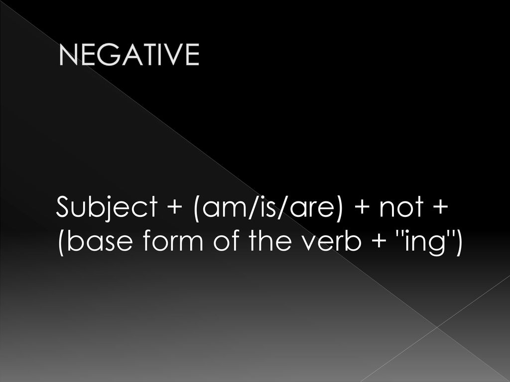 NEGATIVE Subject + (am/is/are) + not + (base form of the verb + ing )
