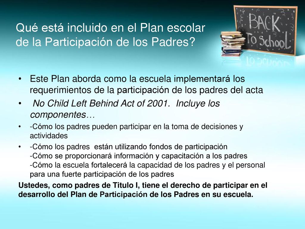 Qué está incluido en el Plan escolar de la Participación de los Padres
