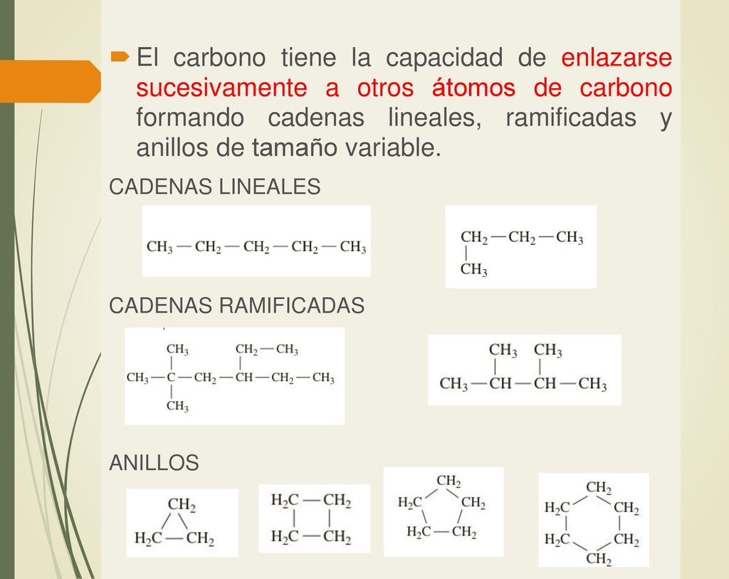 El carbono tiene la capacidad de enlazarse sucesivamente a otros átomos de carbono formando cadenas lineales, ramificadas y anillos de tamaño variable.
