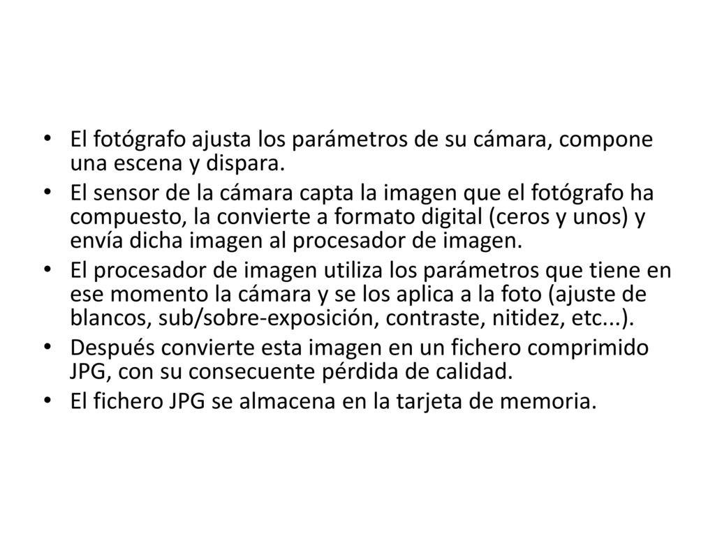 El fotógrafo ajusta los parámetros de su cámara, compone una escena y dispara.