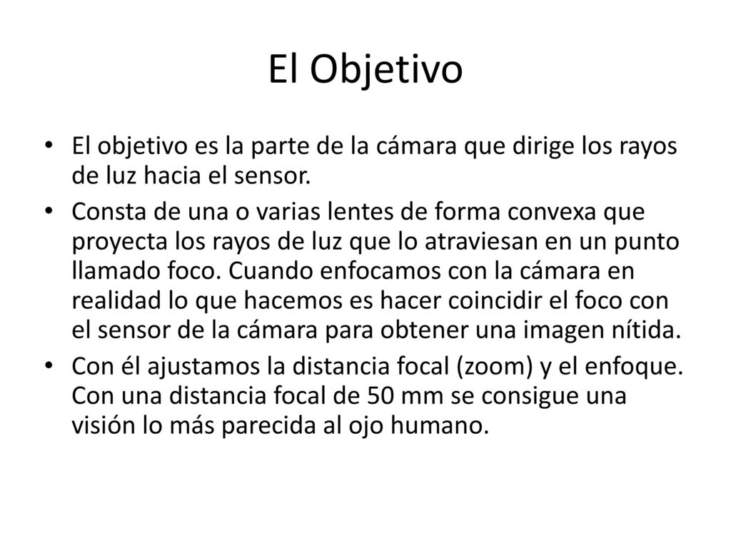 El Objetivo El objetivo es la parte de la cámara que dirige los rayos de luz hacia el sensor.
