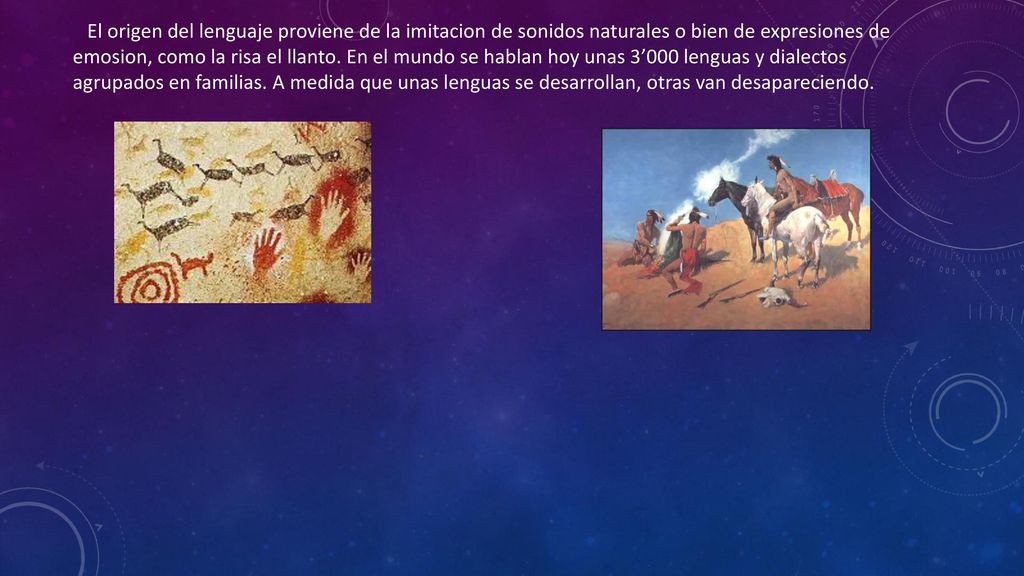 El origen del lenguaje proviene de la imitacion de sonidos naturales o bien de expresiones de emosion, como la risa el llanto.