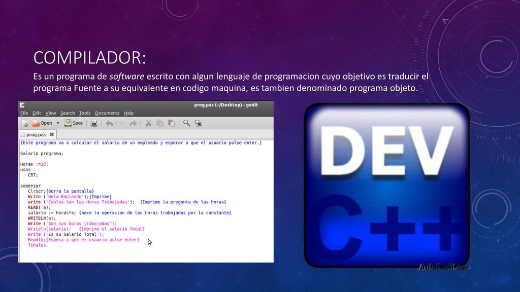 Es un programa de software escrito con algun lenguaje de programacion cuyo objetivo es traducir el programa Fuente a su equivalente en codigo maquina, es tambien denominado programa objeto.