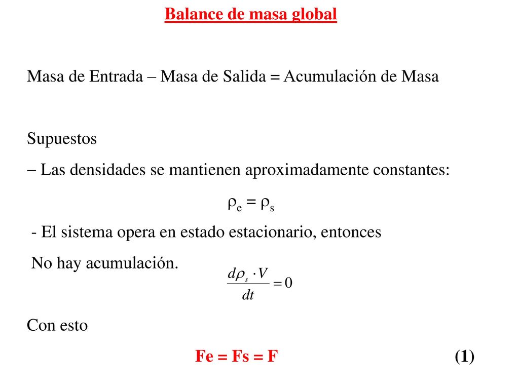 Balance de masa global Masa de Entrada – Masa de Salida = Acumulación de Masa. Supuestos.