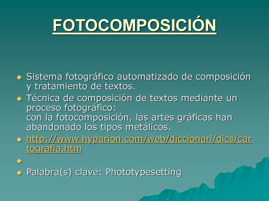 FOTOCOMPOSICIÓN Sistema fotográfico automatizado de composición y tratamiento de textos.