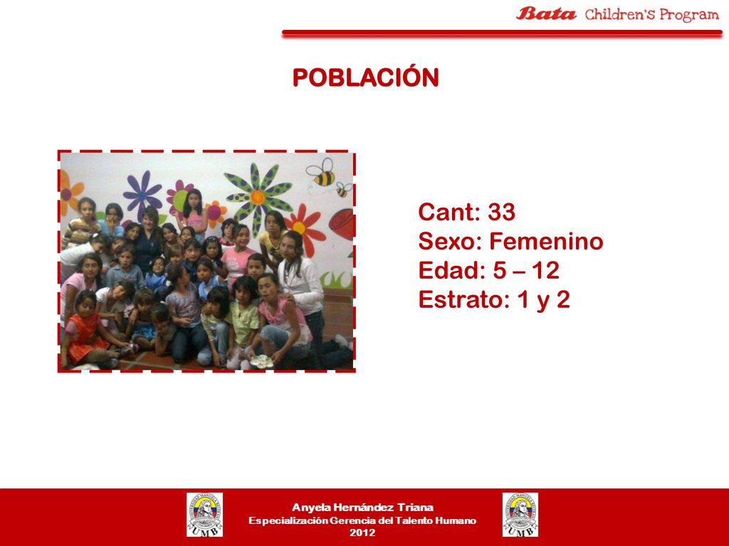 POBLACIÓN Cant: 33 Sexo: Femenino Edad: 5 – 12 Estrato: 1 y 2