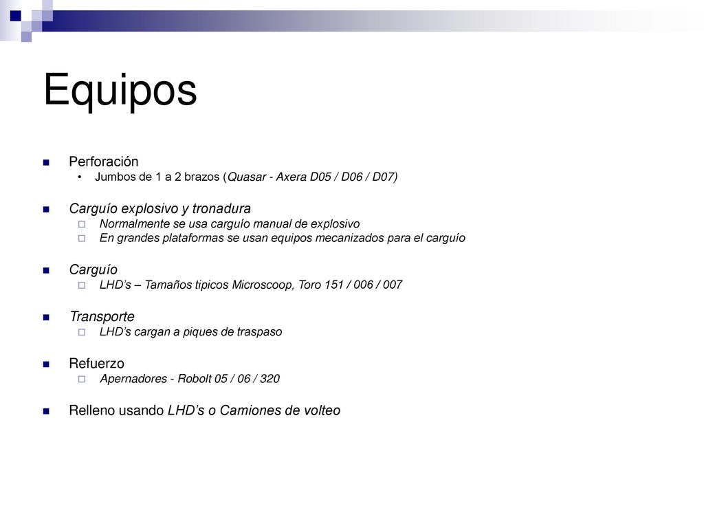 Equipos Perforación Carguío explosivo y tronadura Carguío Transporte