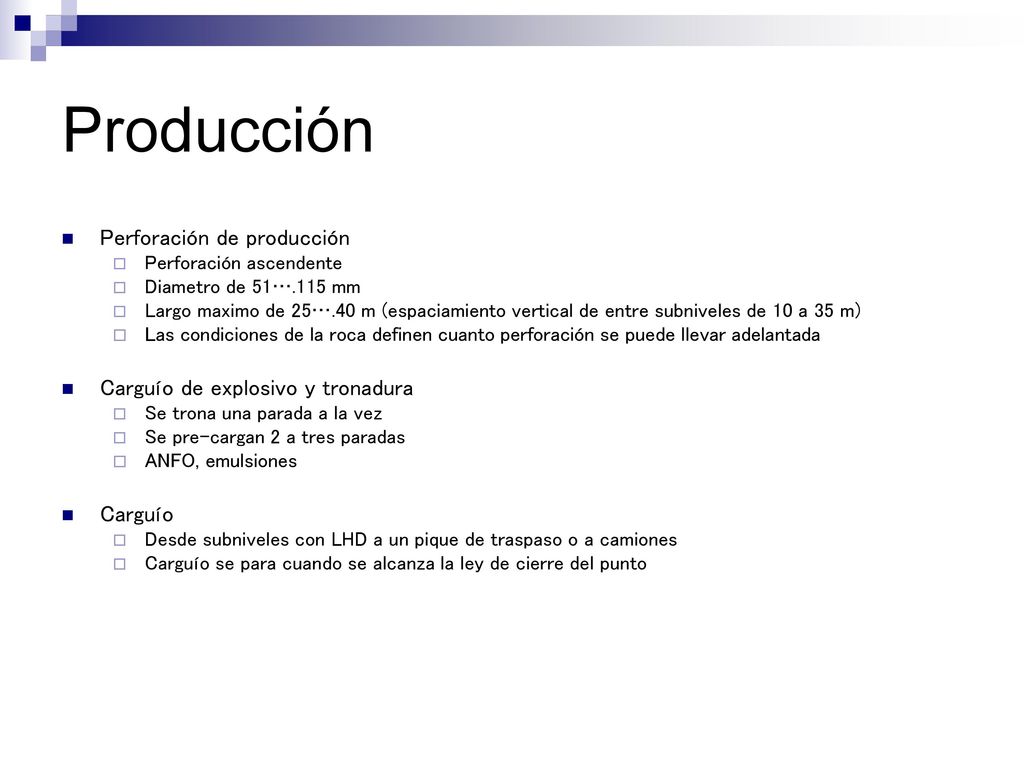 Producción Perforación de producción Carguío de explosivo y tronadura
