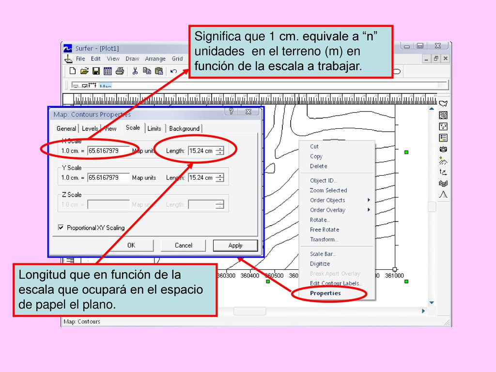 Significa que 1 cm. equivale a n unidades en el terreno (m) en función de la escala a trabajar.