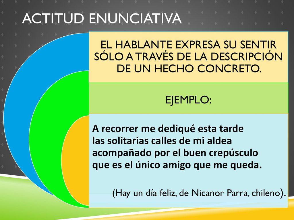 ACTITUD ENUNCIATIVA EL HABLANTE EXPRESA SU SENTIR SÓLO A TRAVÉS DE LA DESCRIPCIÓN DE UN HECHO CONCRETO.