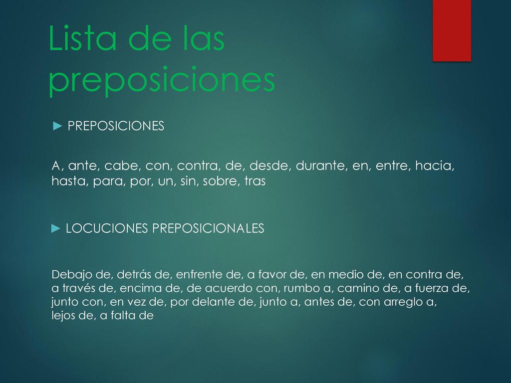 Lista de las preposiciones
