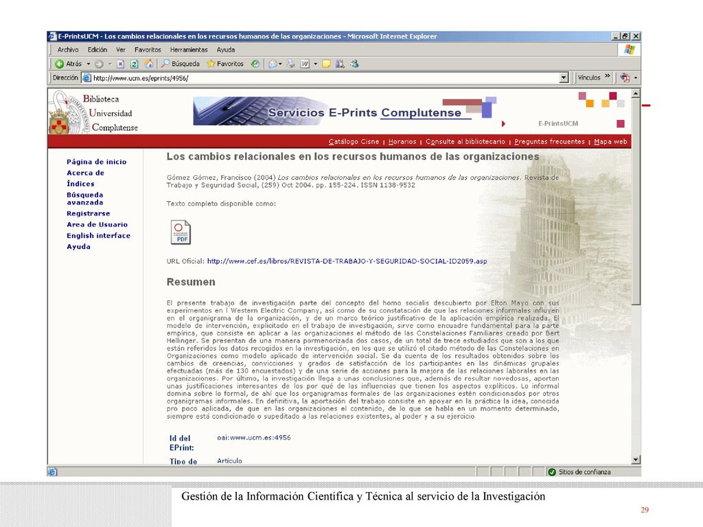 Gestión de la Información Científica y Técnica al servicio de la Investigación