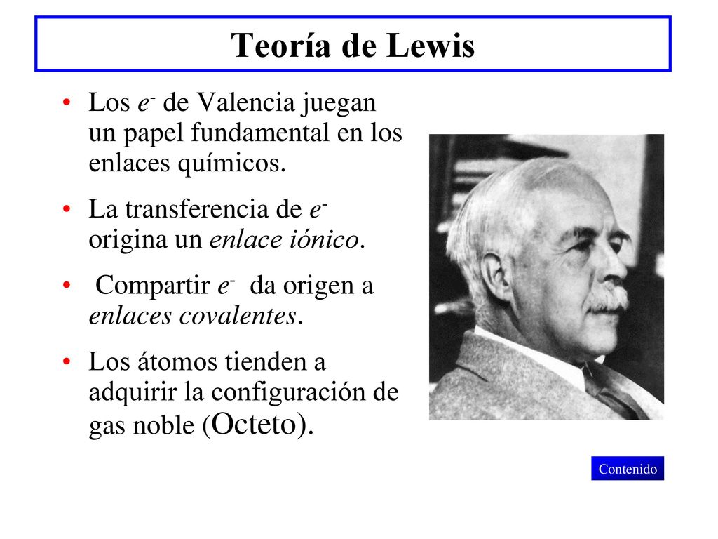 Teoría de Lewis Los e- de Valencia juegan un papel fundamental en los enlaces químicos. La transferencia de e- origina un enlace iónico.