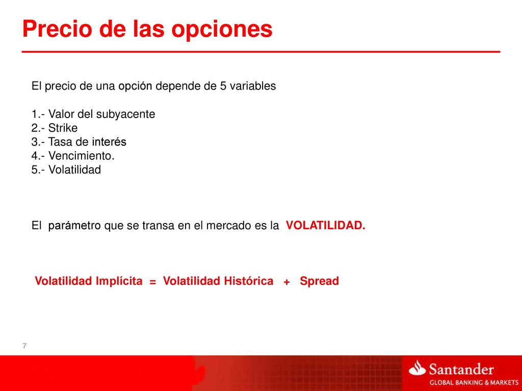 Precio de las opciones El precio de una opción depende de 5 variables