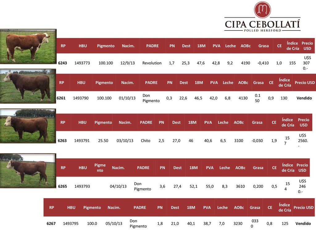 RP HBU. Pigmento. Nacim. PADRE. PN. Dest. 18M. PVA. Leche. AOBc. Grasa. CE. Índice de Cría.