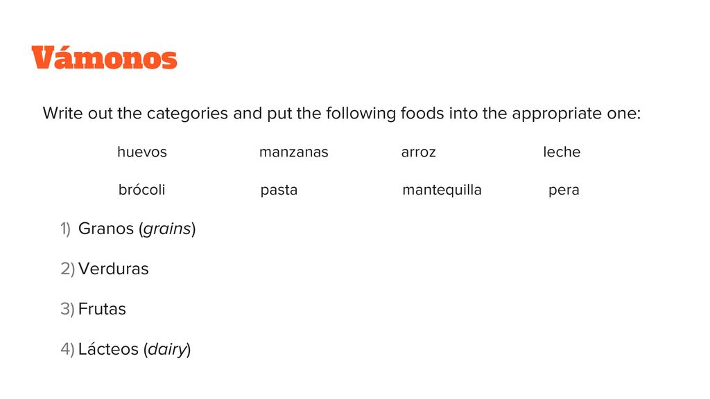 Vámonos Write out the categories and put the following foods into the appropriate one: huevos manzanas arroz leche.