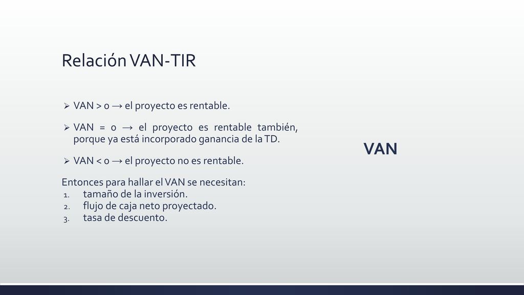Relación VAN-TIR VAN VAN > 0 → el proyecto es rentable.