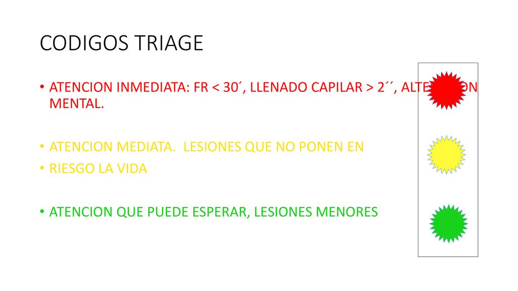 CODIGOS TRIAGE ATENCION INMEDIATA: FR < 30´, LLENADO CAPILAR > 2´´, ALTERACION MENTAL. ATENCION MEDIATA. LESIONES QUE NO PONEN EN.