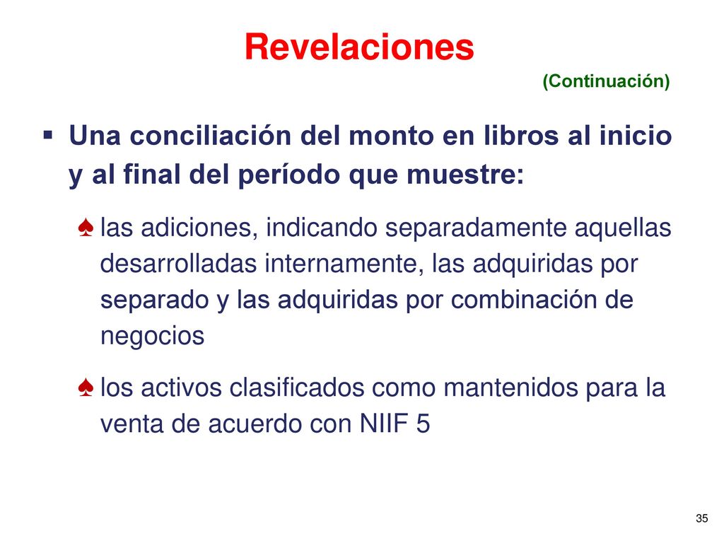 Revelaciones (Continuación) Una conciliación del monto en libros al inicio y al final del período que muestre: