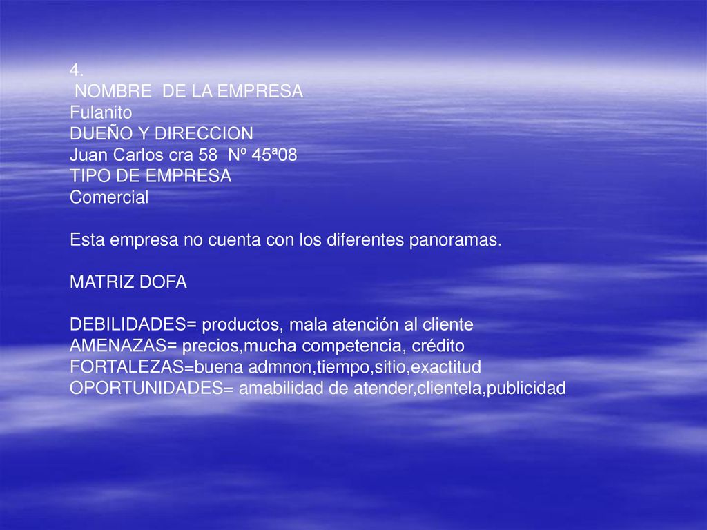 4. NOMBRE DE LA EMPRESA. Fulanito. DUEÑO Y DIRECCION. Juan Carlos cra 58 Nº 45ª08. TIPO DE EMPRESA.