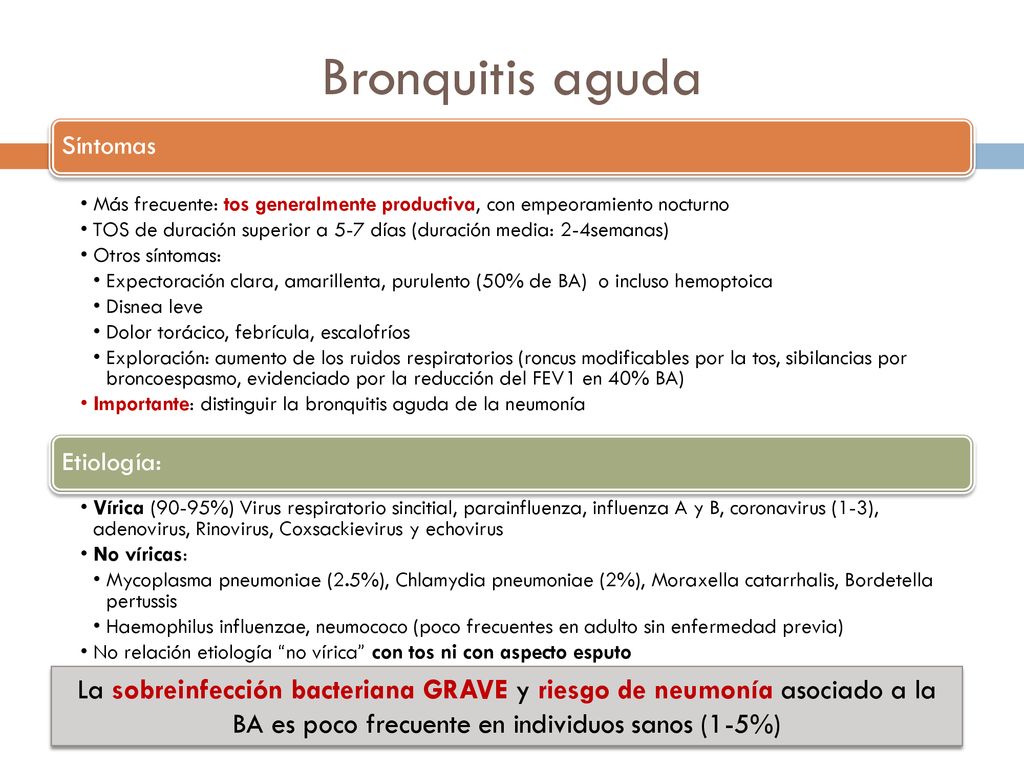 Bronquitis aguda Síntomas. Más frecuente: tos generalmente productiva, con empeoramiento nocturno.