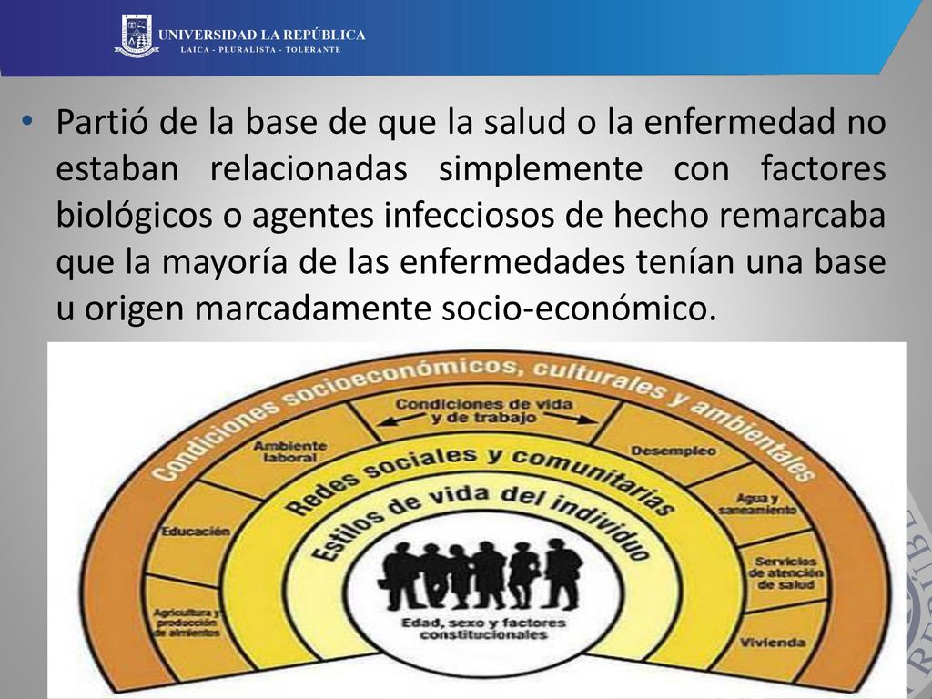 Partió de la base de que la salud o la enfermedad no estaban relacionadas simplemente con factores biológicos o agentes infecciosos de hecho remarcaba que la mayoría de las enfermedades tenían una base u origen marcadamente socio-económico.