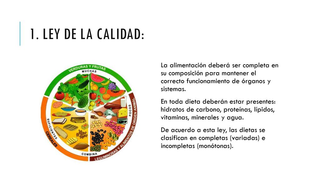 1. Ley de la calidad: La alimentación deberá ser completa en su composición para mantener el correcto funcionamiento de órganos y sistemas.