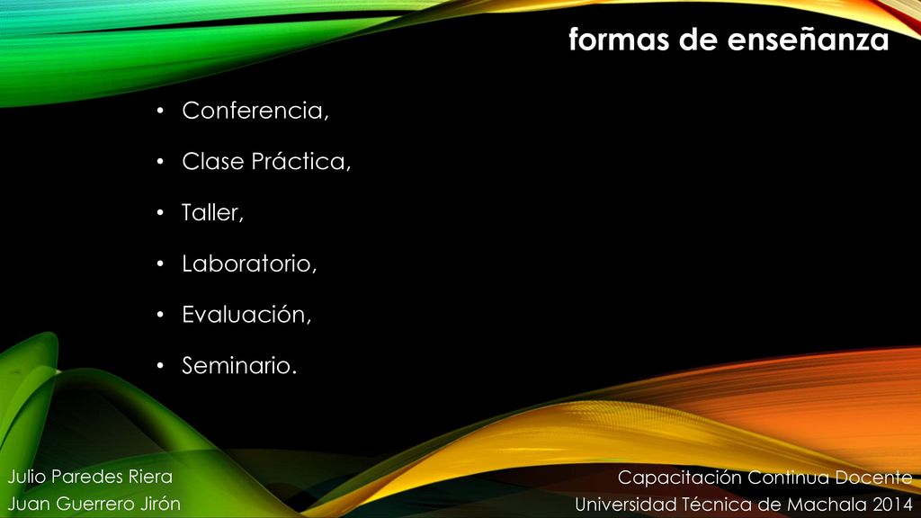 formas de enseñanza Conferencia, Clase Práctica, Taller, Laboratorio,