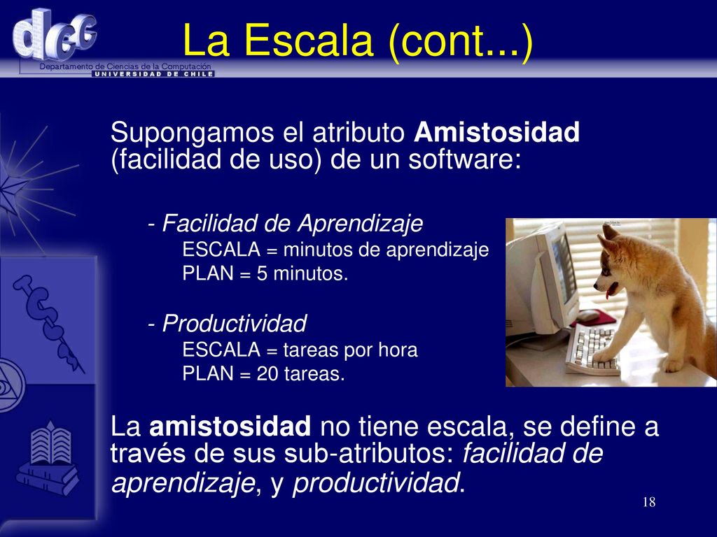 La Escala (cont...) Supongamos el atributo Amistosidad (facilidad de uso) de un software: - Facilidad de Aprendizaje.