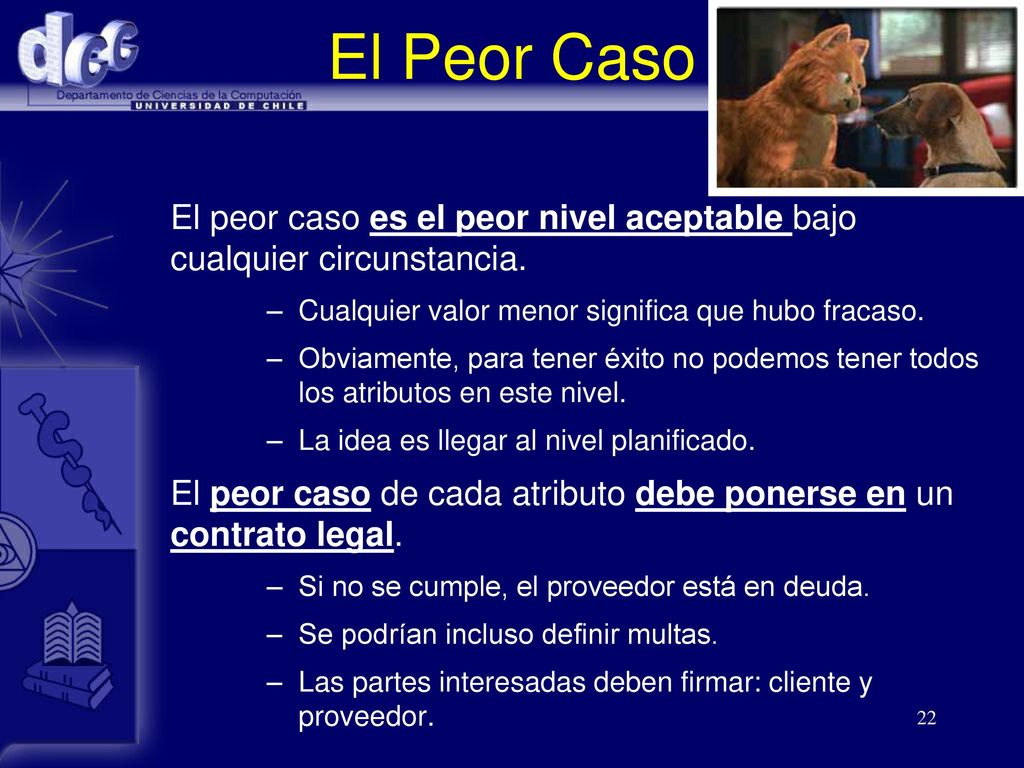 El Peor Caso El peor caso es el peor nivel aceptable bajo cualquier circunstancia. Cualquier valor menor significa que hubo fracaso.