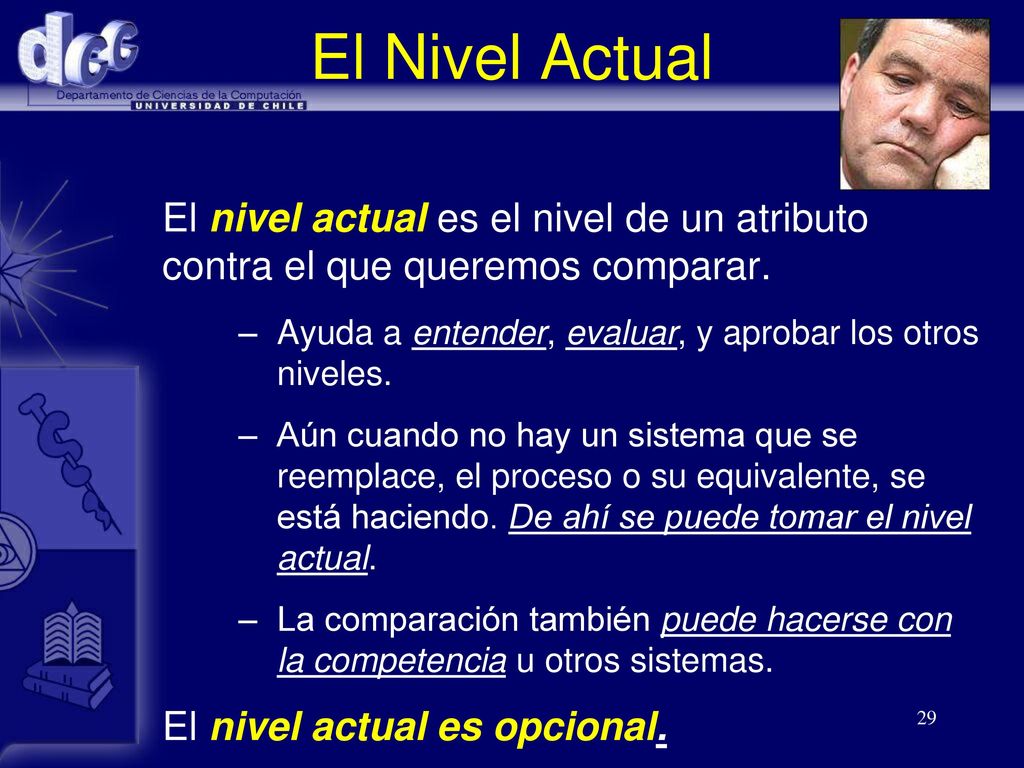 El Nivel Actual El nivel actual es el nivel de un atributo contra el que queremos comparar. Ayuda a entender, evaluar, y aprobar los otros niveles.