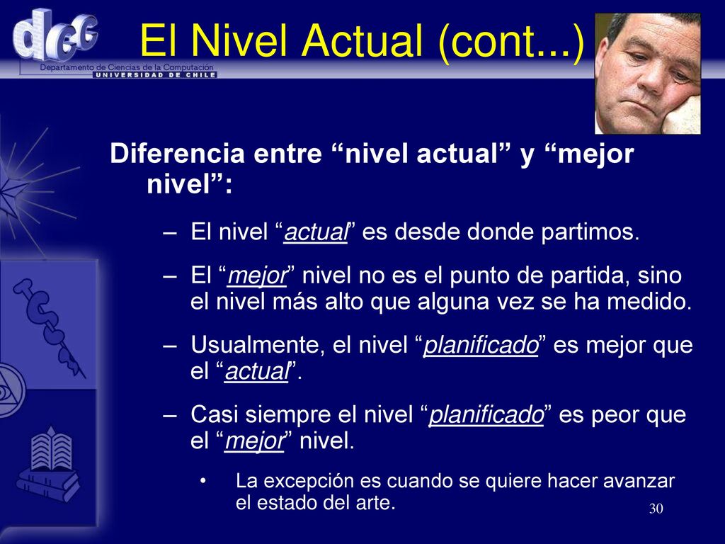 El Nivel Actual (cont...) Diferencia entre nivel actual y mejor nivel : El nivel actual es desde donde partimos.