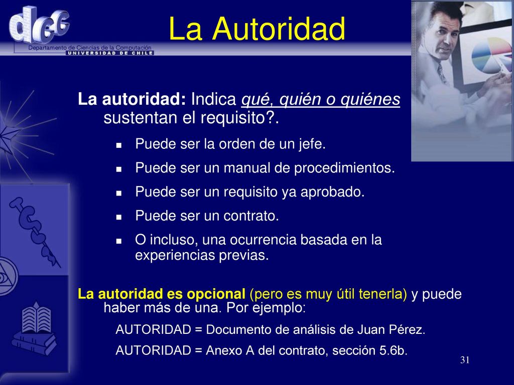 La Autoridad La autoridad: Indica qué, quién o quiénes sustentan el requisito . Puede ser la orden de un jefe.