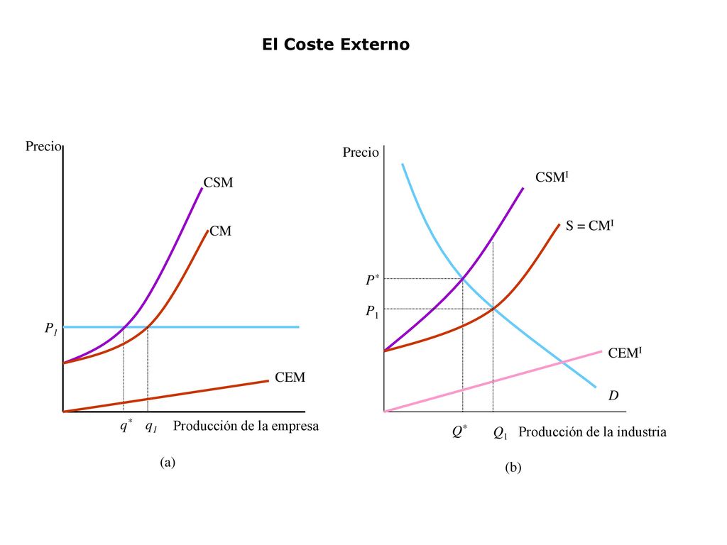 El Coste Externo CEM CM CSM Precio q* q1 Producción de la empresa P1