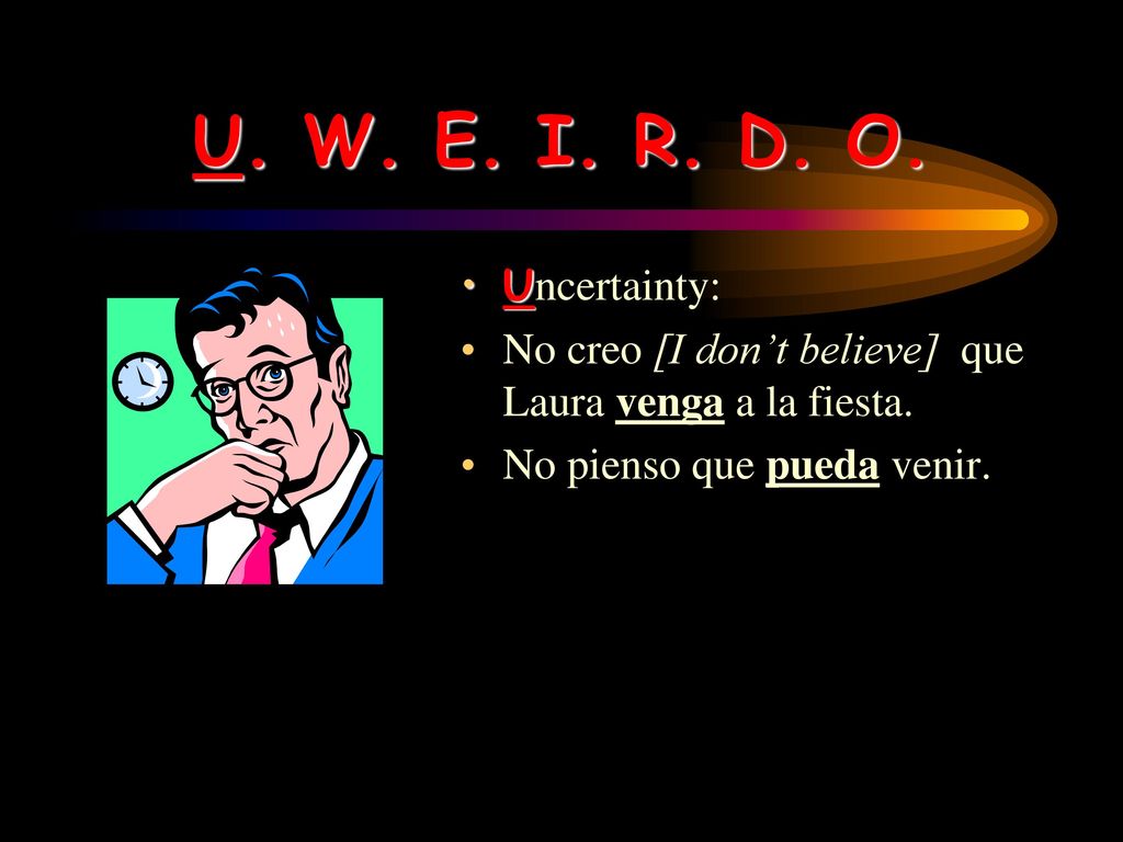 U. W. E. I. R. D. O. Uncertainty: No creo [I don’t believe] que Laura venga a la fiesta.