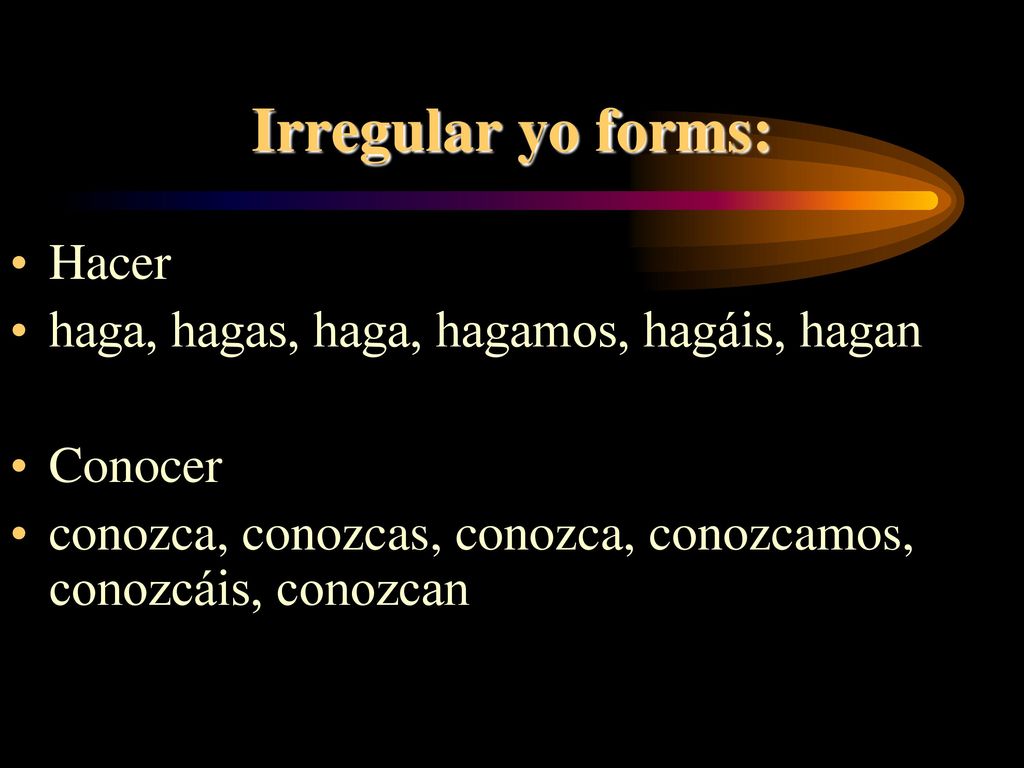 Irregular yo forms: Hacer haga, hagas, haga, hagamos, hagáis, hagan