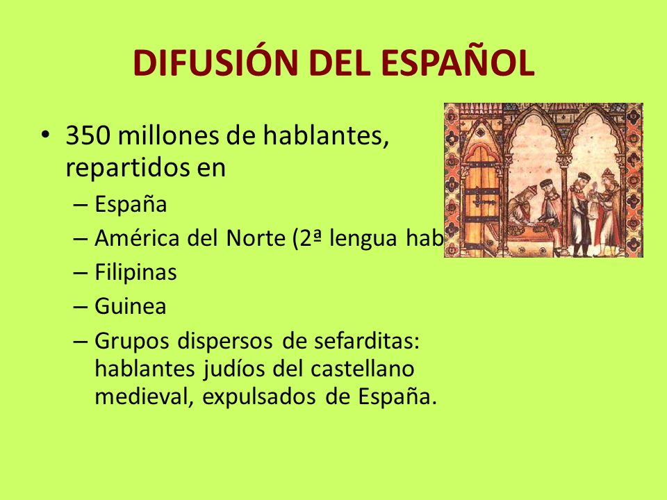 DIFUSIÓN DEL ESPAÑOL 350 millones de hablantes, repartidos en España