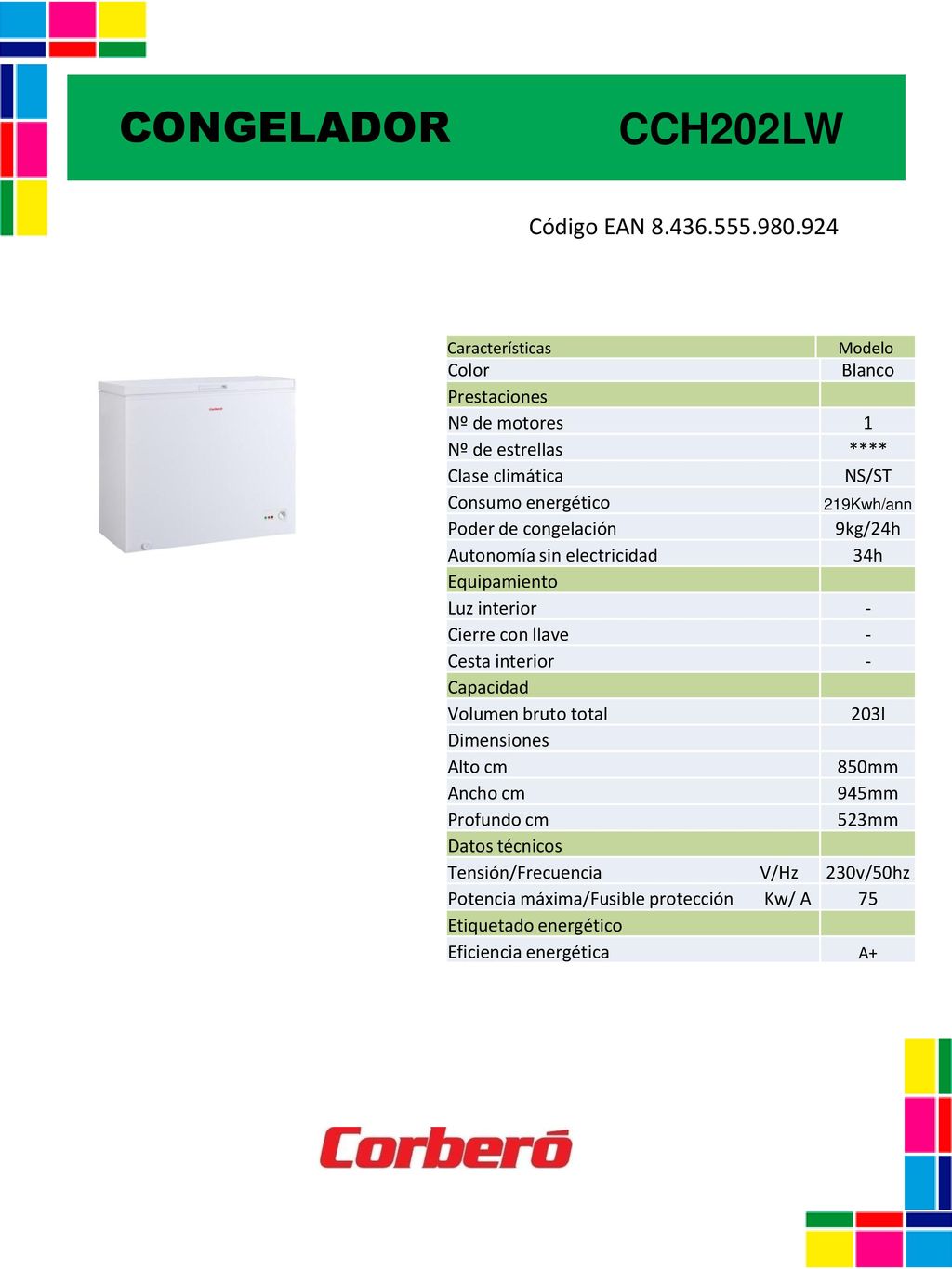 CONGELADOR CCH202LW Código EAN Color Blanco