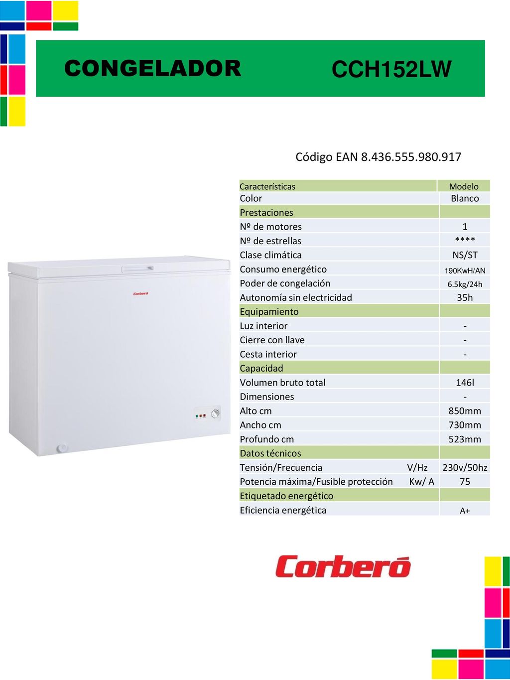 CONGELADOR CCH152LW Código EAN Color Blanco