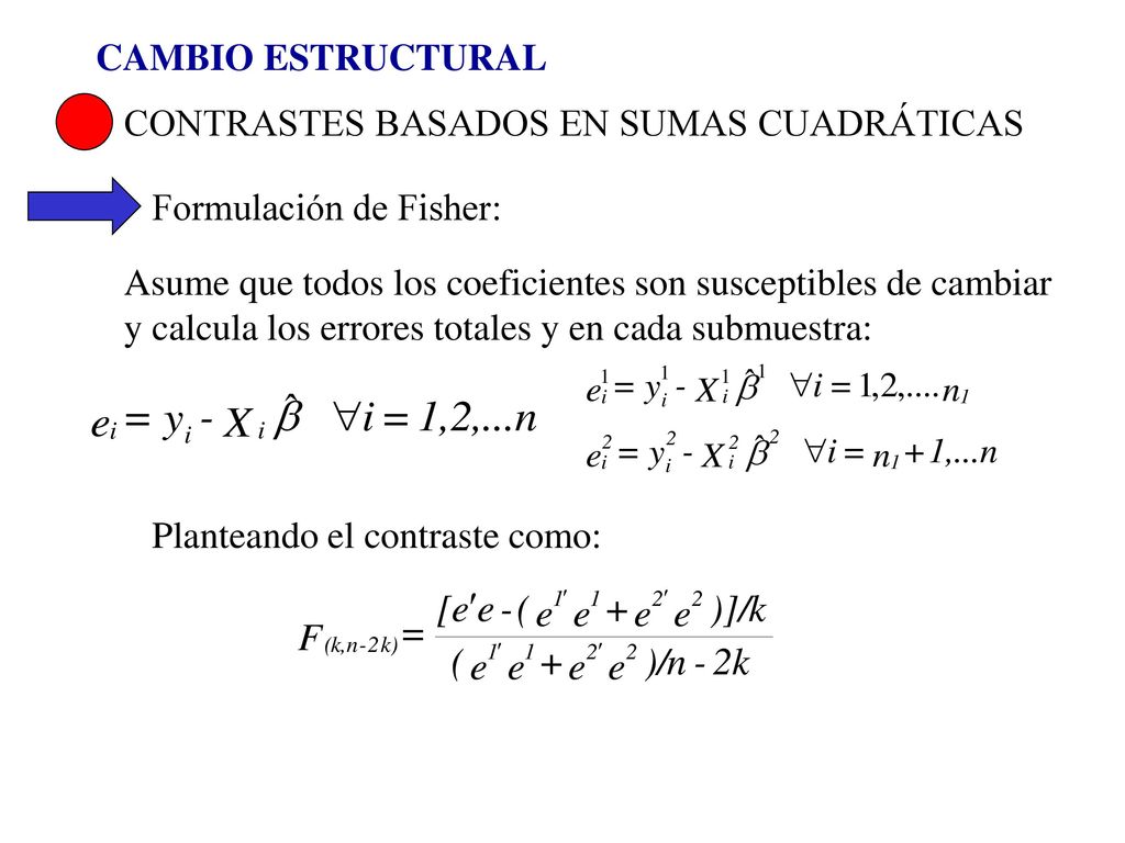 CAMBIO ESTRUCTURAL CONTRASTES BASADOS EN SUMAS CUADRÁTICAS. Formulación de Fisher:
