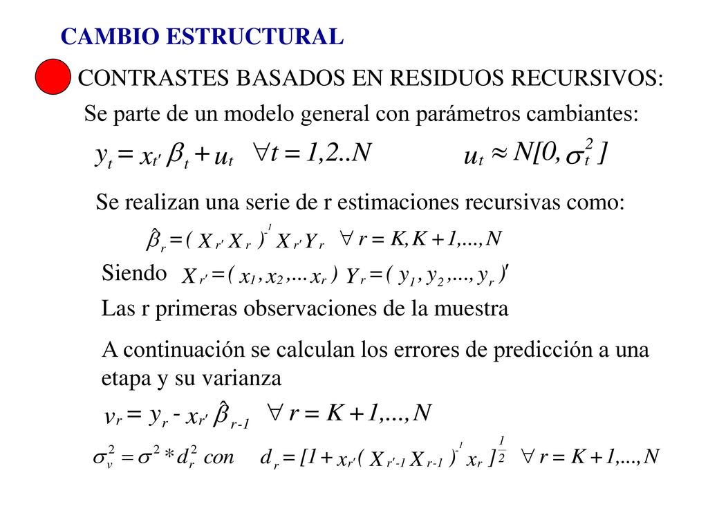 CAMBIO ESTRUCTURAL CONTRASTES BASADOS EN RESIDUOS RECURSIVOS: Se parte de un modelo general con parámetros cambiantes: