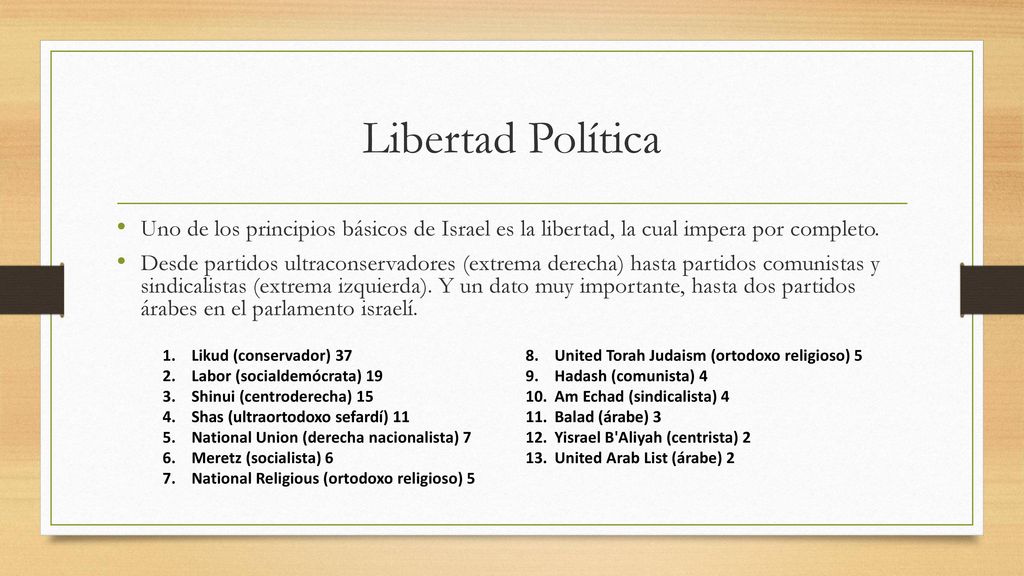 Libertad Política Uno de los principios básicos de Israel es la libertad, la cual impera por completo.