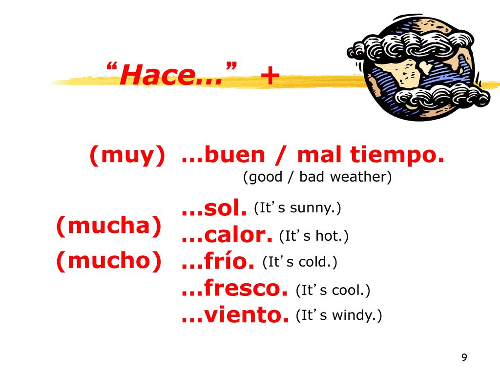 Hace… + (muy) …buen / mal tiempo. …sol. …calor. …frío. …fresco.