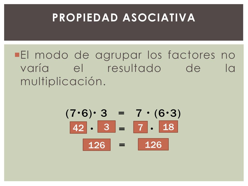 Propiedad asociativa El modo de agrupar los factores no varía el resultado de la multiplicación. (76) 3 = 7  (63)
